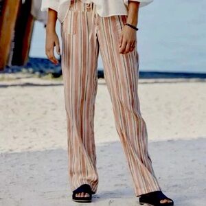 SUNDANCE Pants Womens Medium Orange & White Striped Gigi Cotton Gauze Drawstring